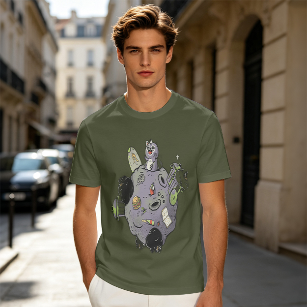 Olive Green T-Shirt With Space Raccoon On Asteroid Graphic