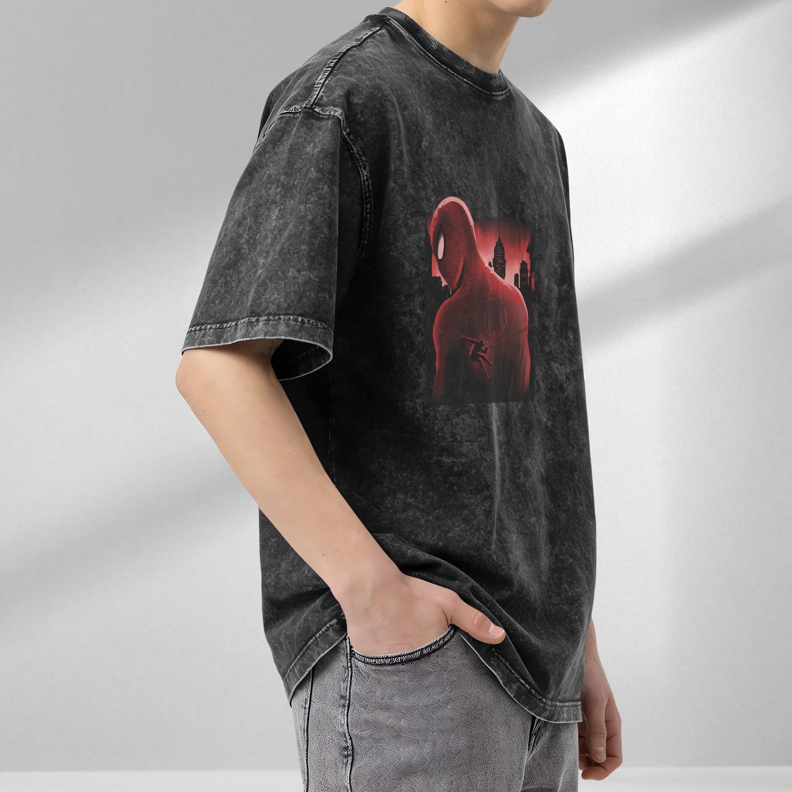 Washed Black Oversized T-Shirt with Spider-Man Cityscape Graphic