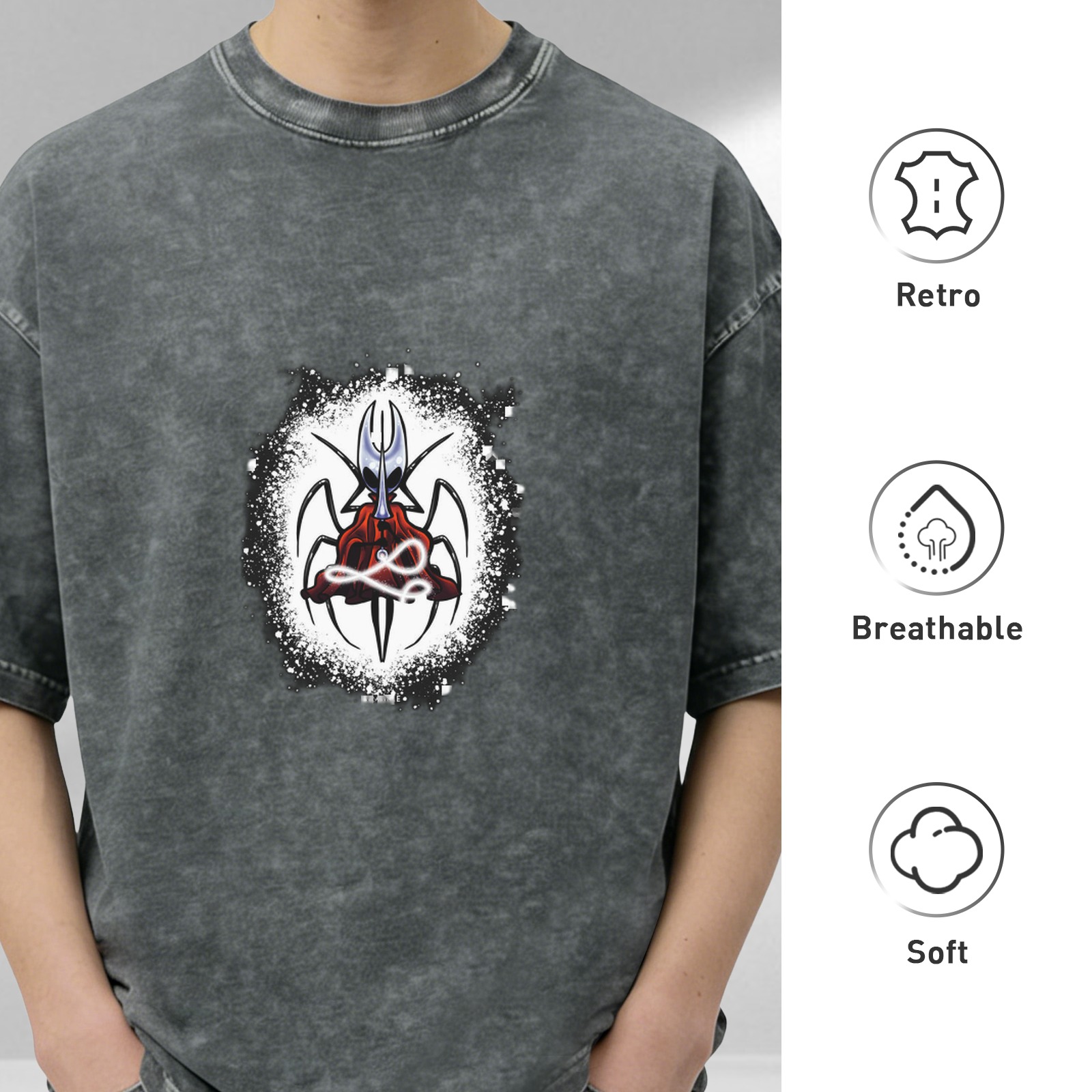 Oversized Acid Wash T-Shirt With Spider-Inspired Graphic Print