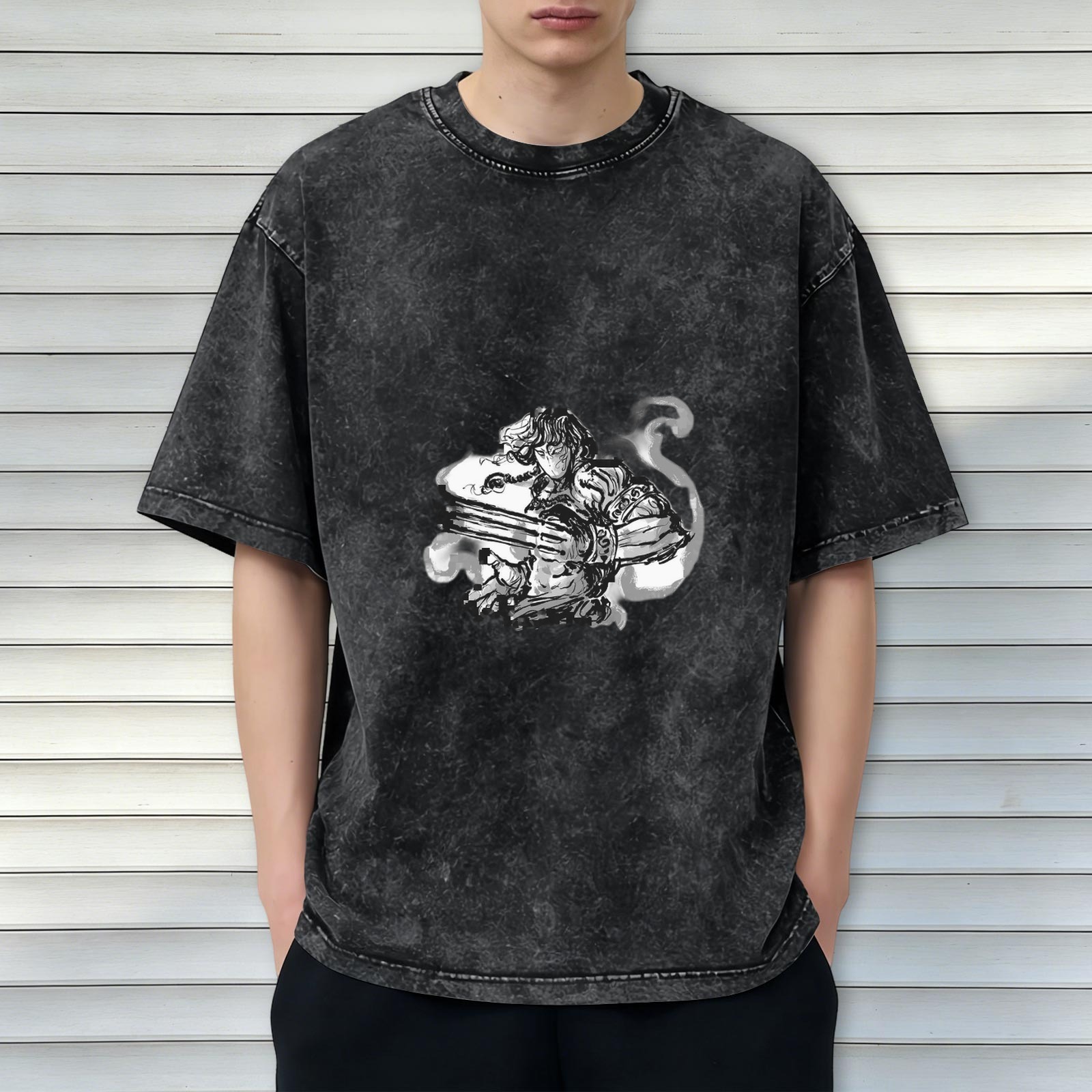 Washed black graphic t-shirt with ink-style warrior print