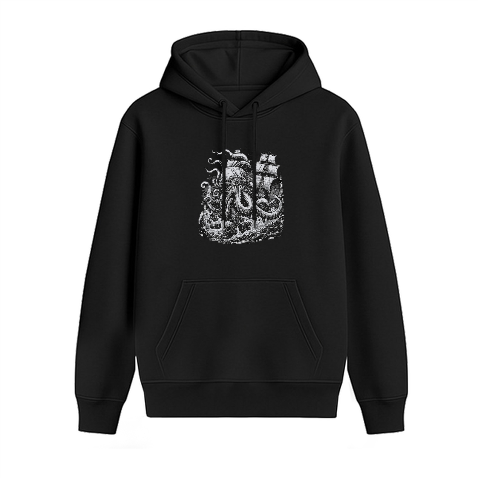 Black Hoodie with Kraken Attacking Sailing Ship Graphic