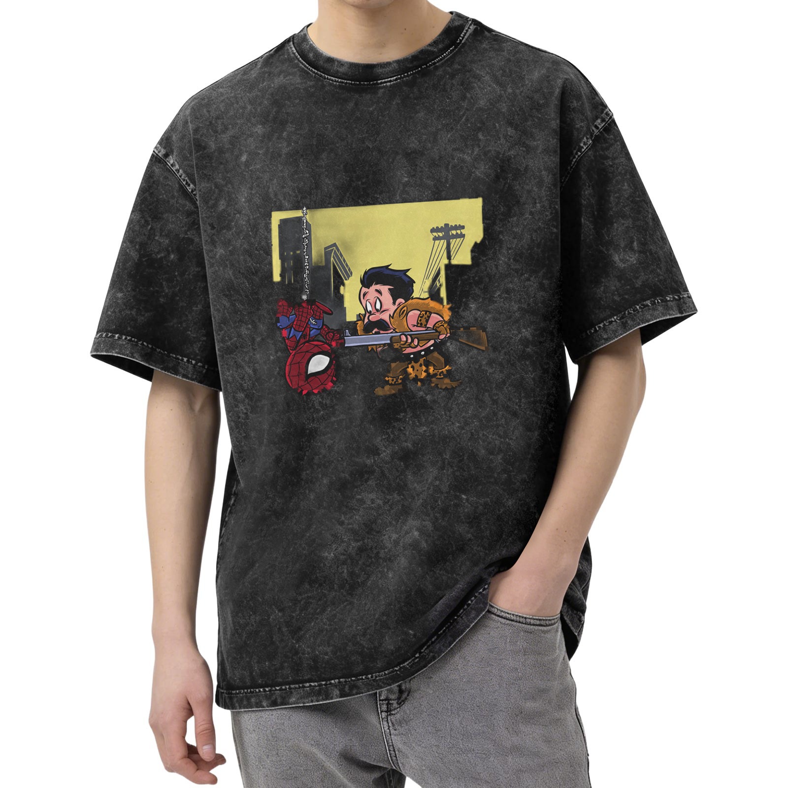Washed black graphic tee with Spider-Man and hunter cartoon print