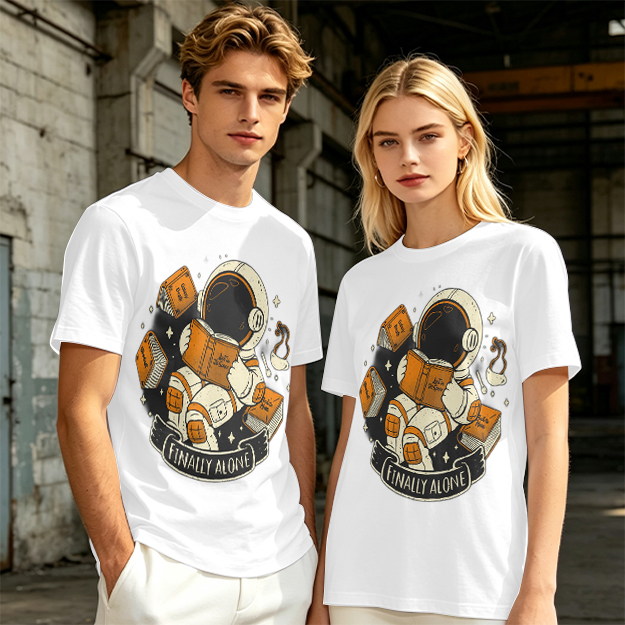 Astronaut Reading Book 'Finally Alone' Graphic T-Shirt Design