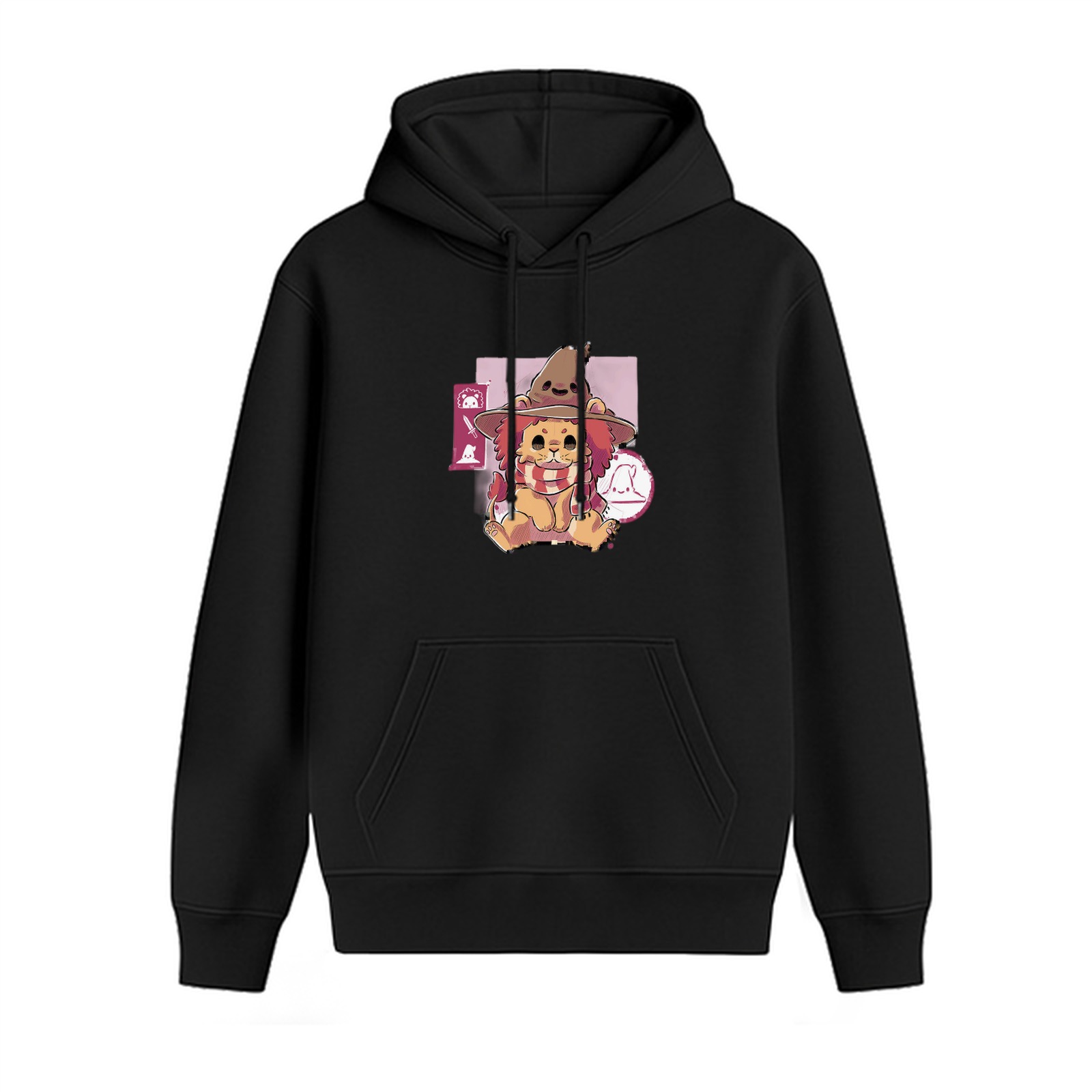 Black Hoodie with Cute Witch Lion Graphic Print