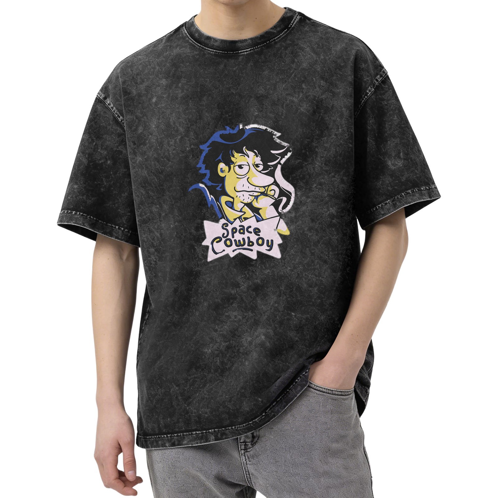 Washed Black T-Shirt with Space Cowboy Cartoon Graphic Print