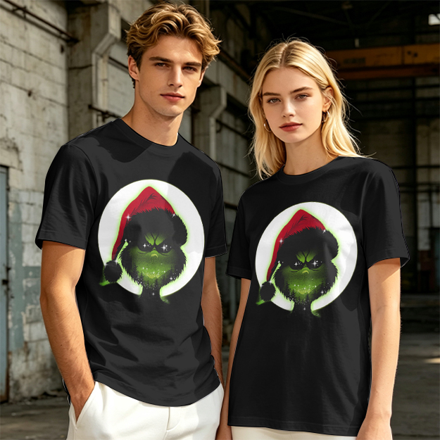 Olive Green T-Shirt With Grinch Wearing Santa Hat Graphic