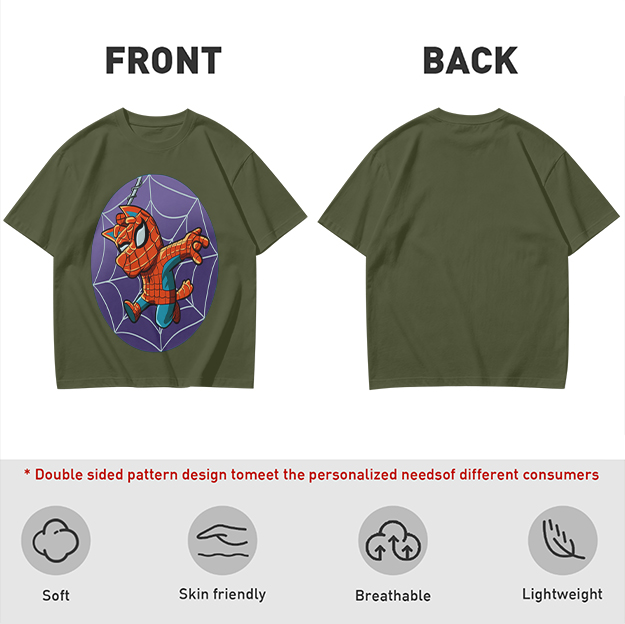 Olive T-Shirt with Cute Spider-Cat Web Print