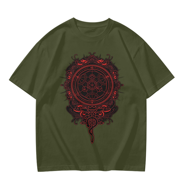 Olive T-Shirt With Red Occult Magic Circle Graphic