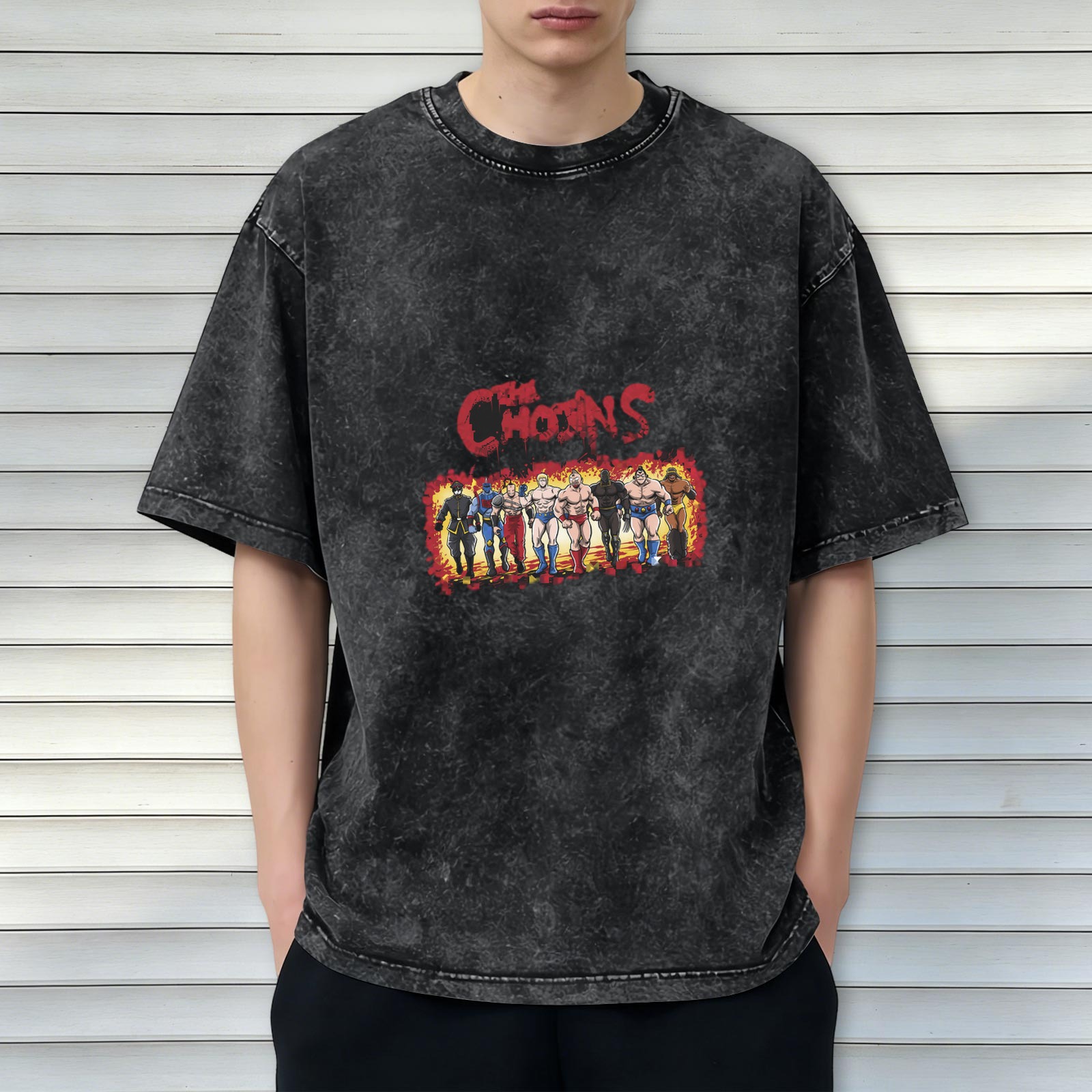 Washed Black Graphic T-Shirt with Retro Wrestler Team Print
