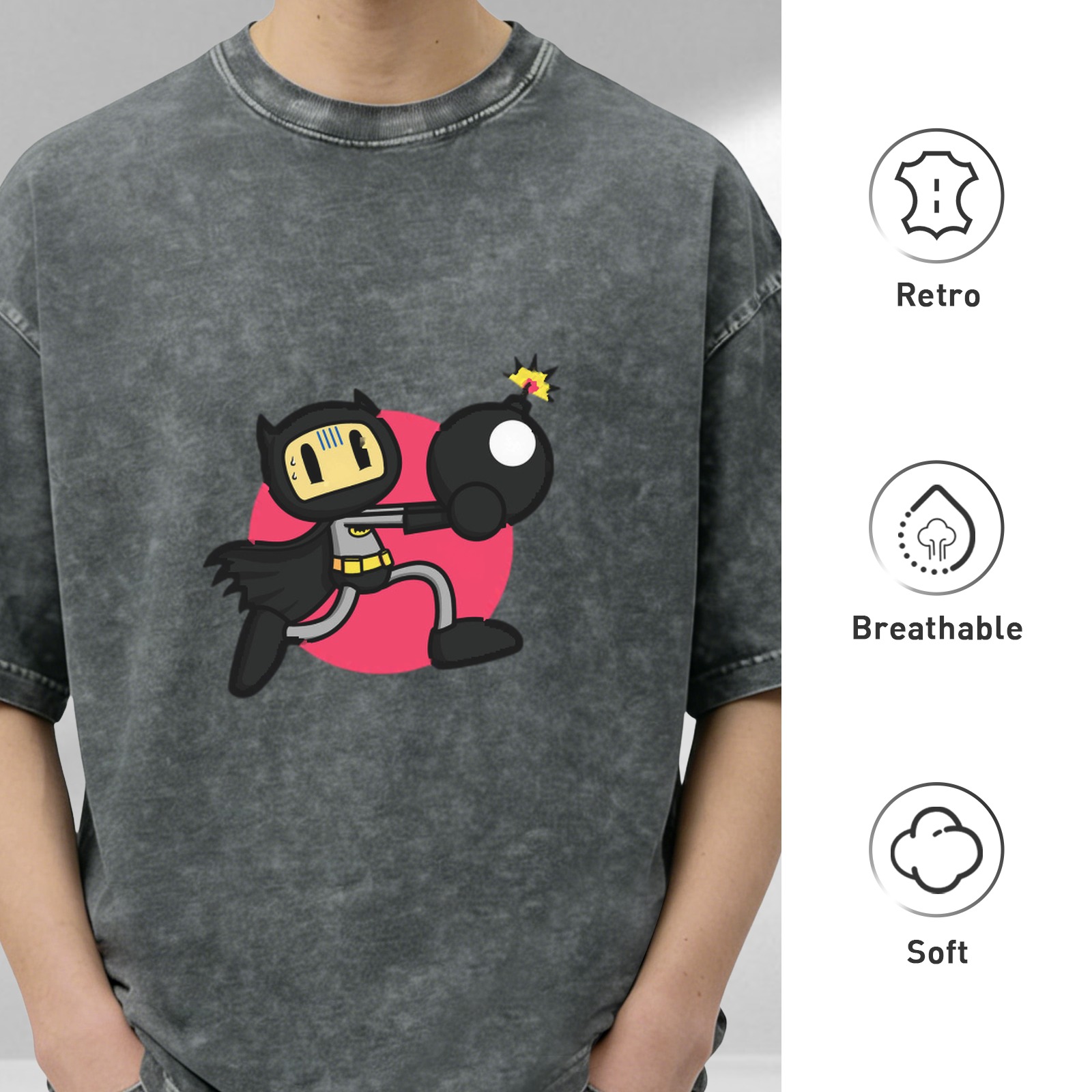 Oversized Acid Wash T-Shirt With Batman Bomber Cartoon Graphic