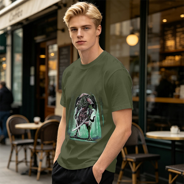 Olive T-Shirt With Samurai Cthulhu Warrior Graphic Print