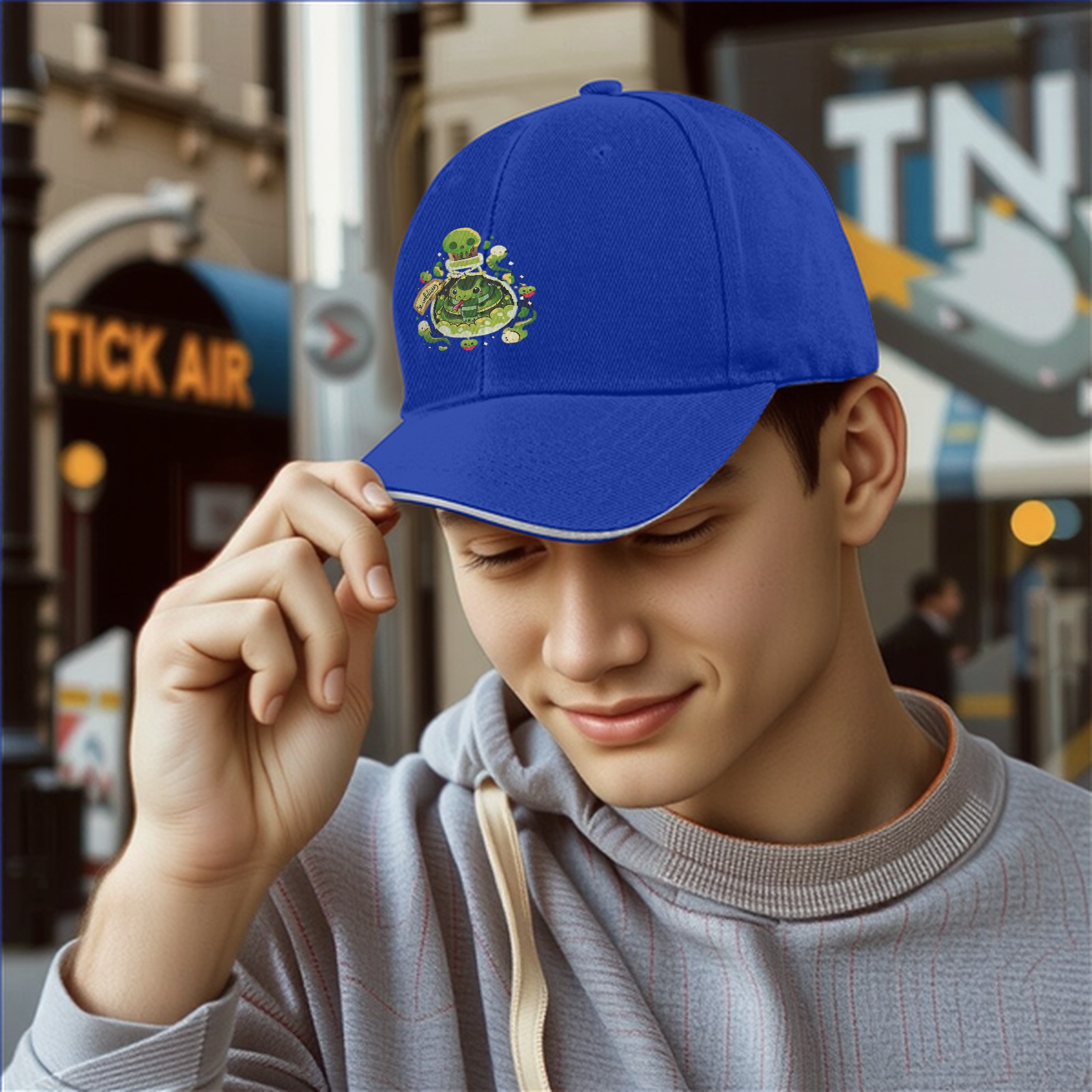 Black baseball cap with green snake potion bottle graphic
