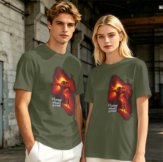 Olive T-Shirt with 'None Shall Pass' Fire Demon Graphic
