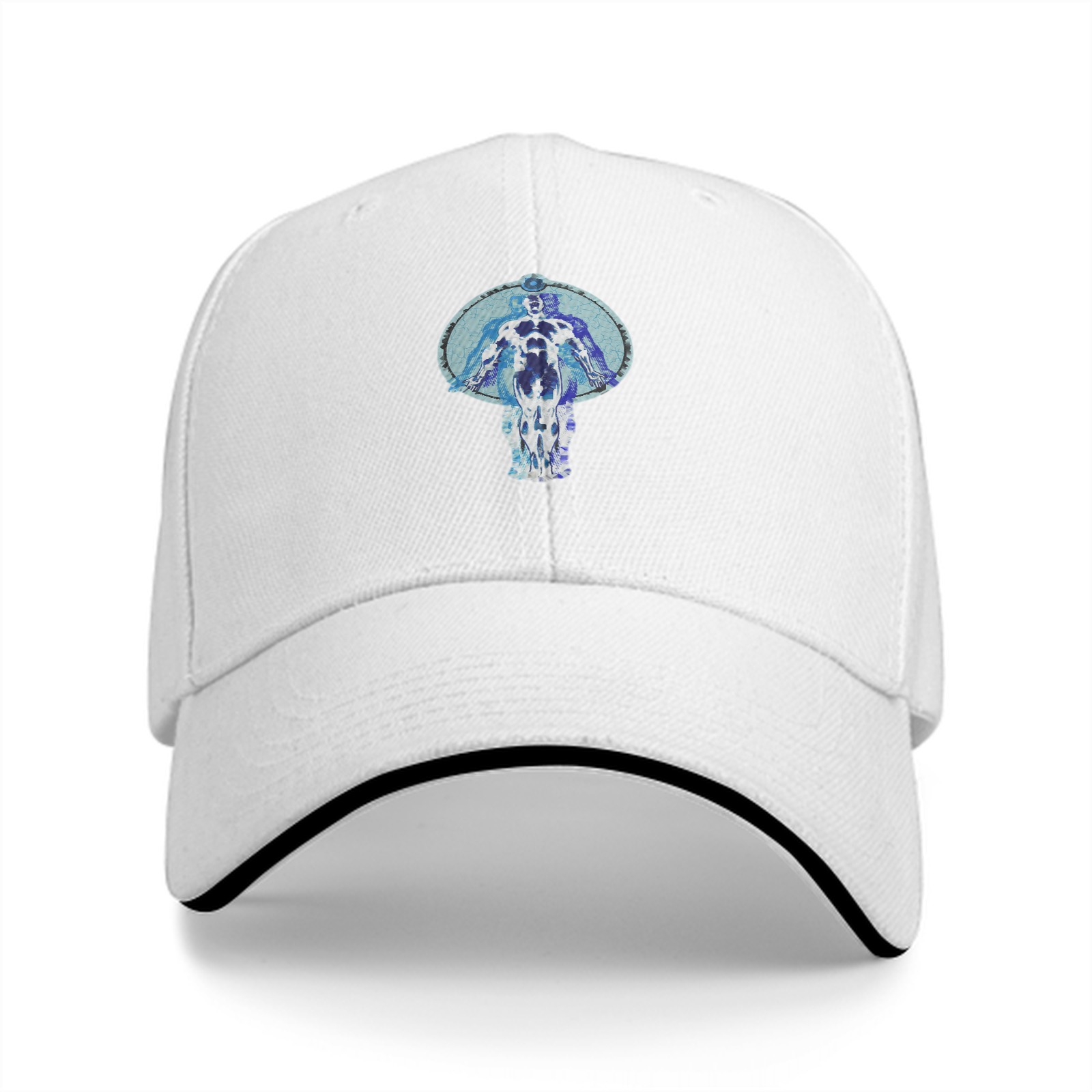 Black baseball cap with blue humanoid figure graphic