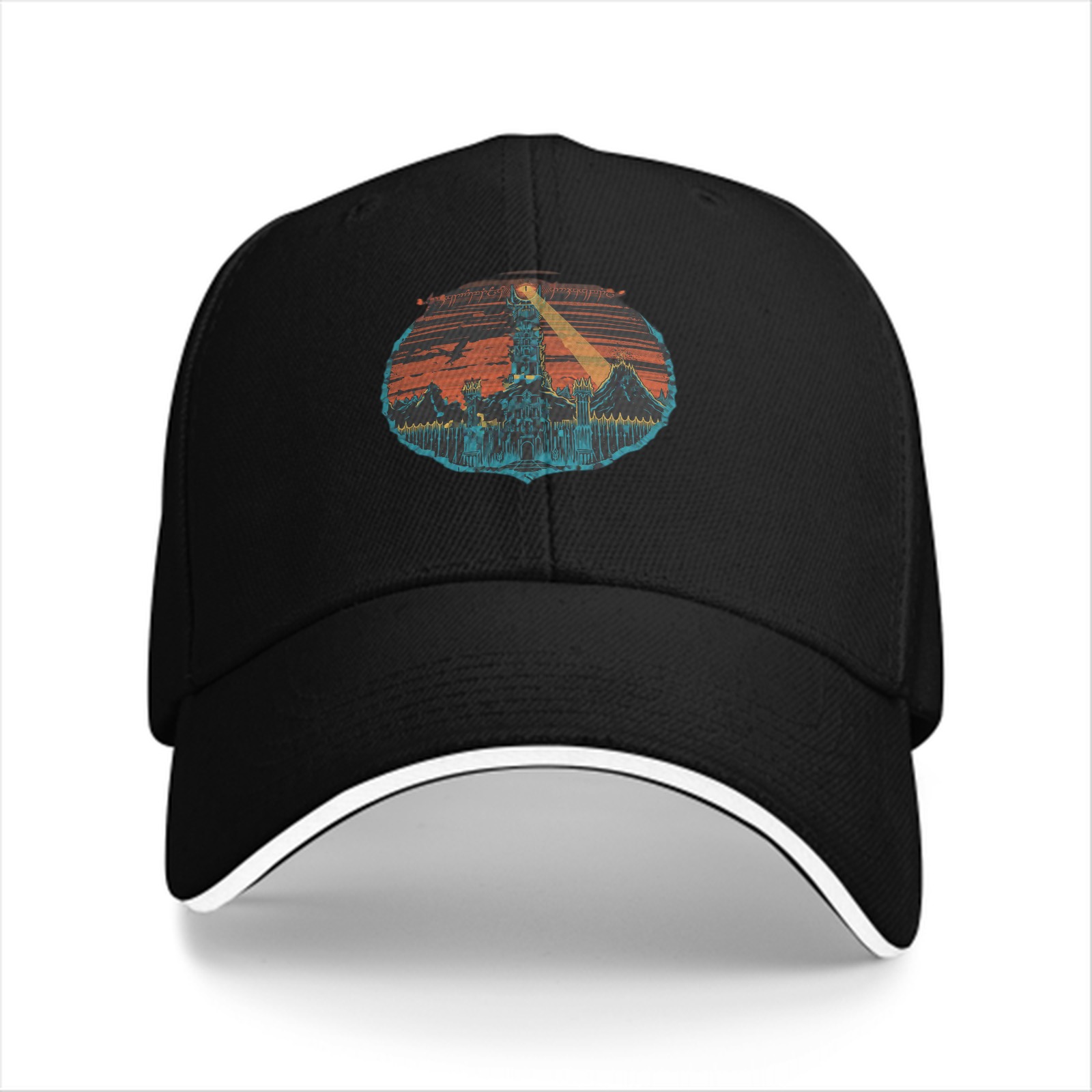 Black Baseball Cap with Fantasy Tower Landscape Graphic