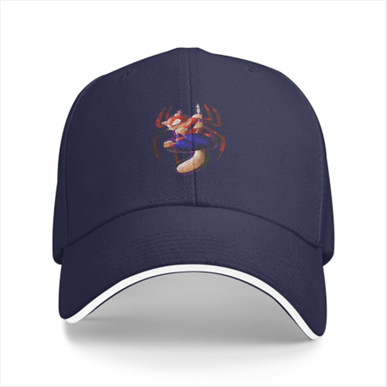 Black baseball cap with spider squirrel superhero graphic print