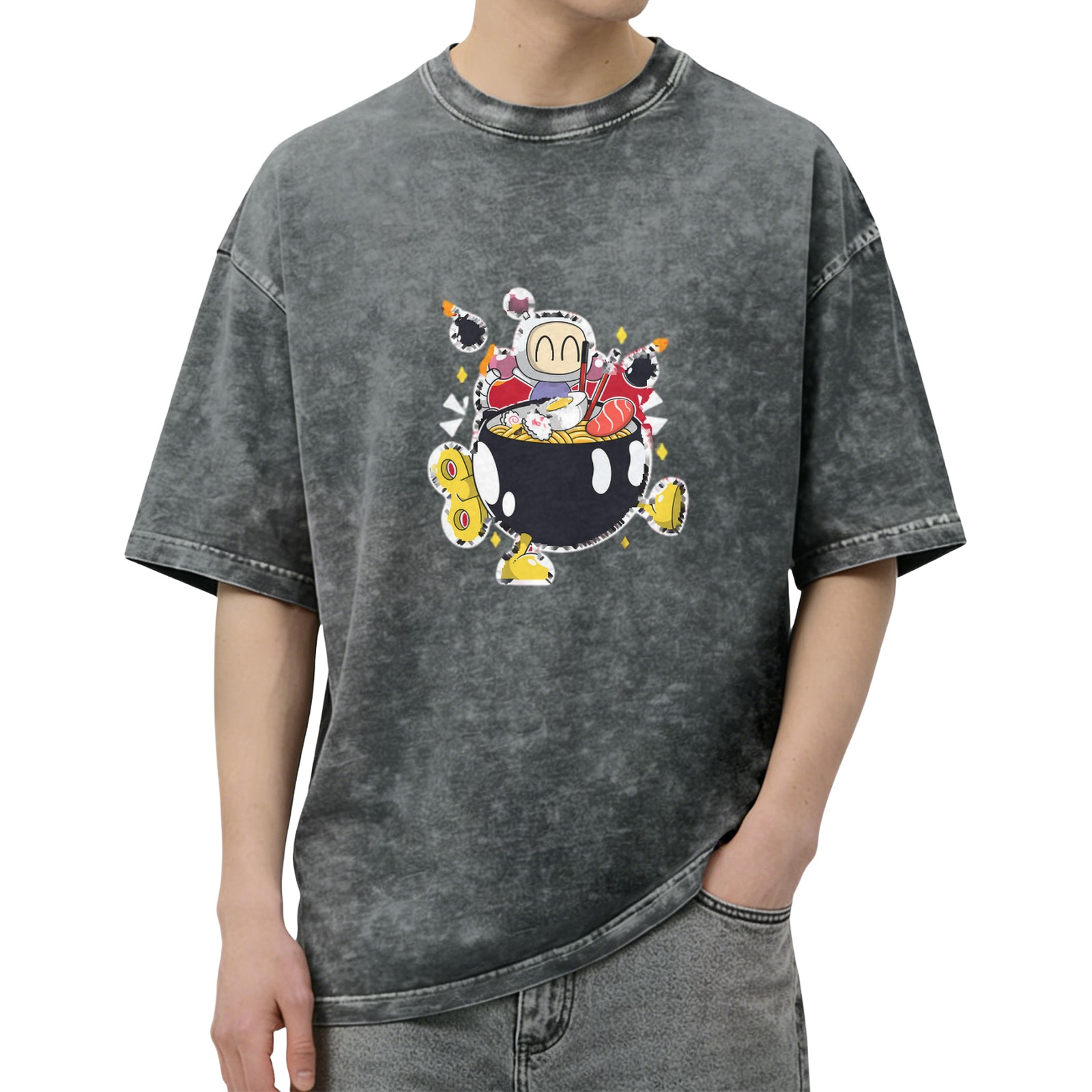 Washed black graphic t-shirt with cartoon bomber ramen bowl design
