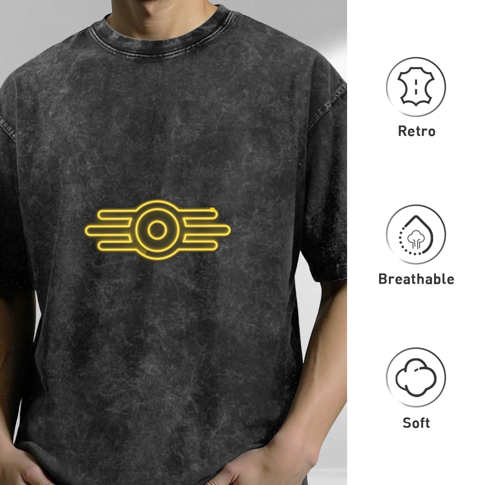 Washed Black Oversized T-Shirt With Neon Vault Boy Style Emblem