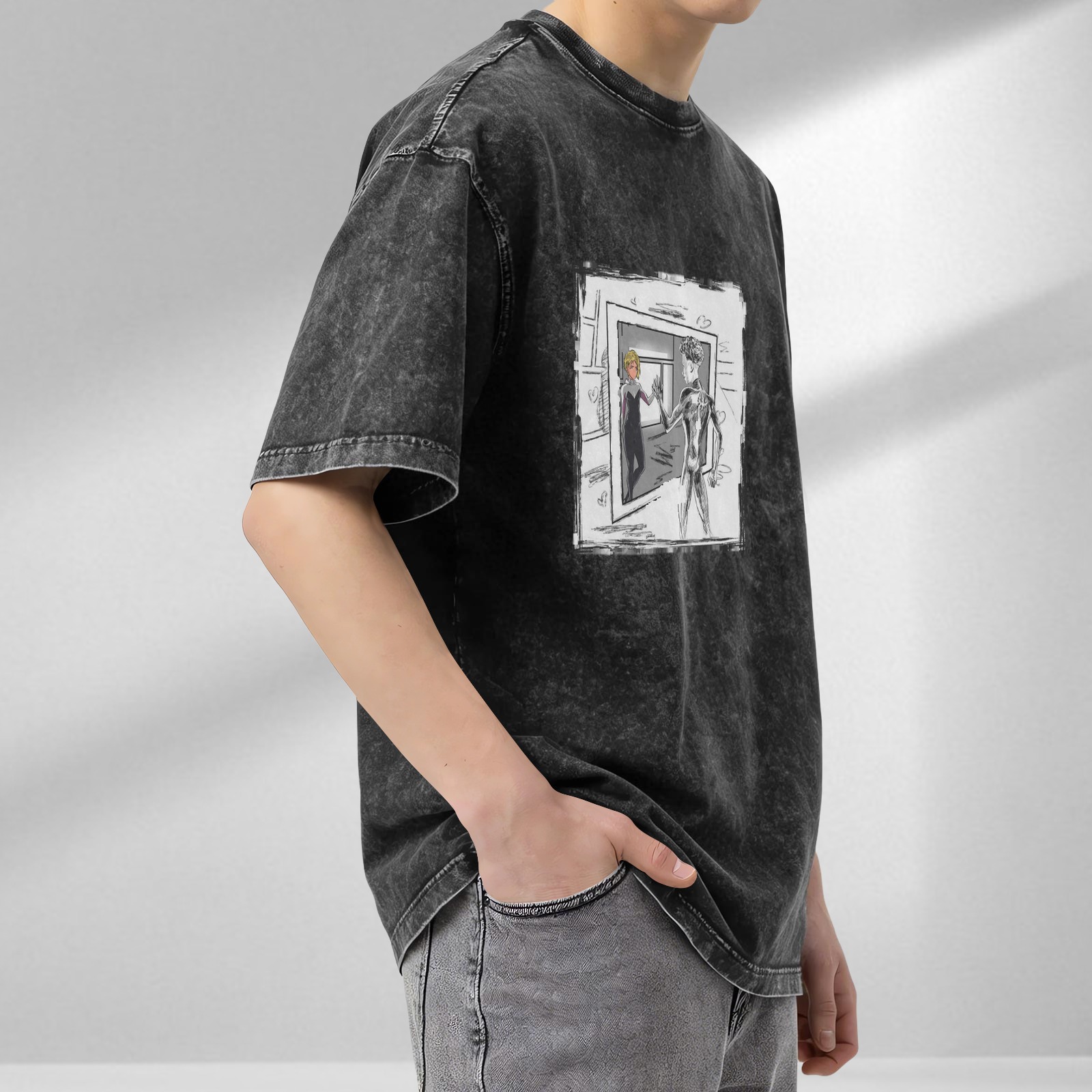 Oversized Stonewashed T-Shirt With Spider Gwen And Miles Art Print