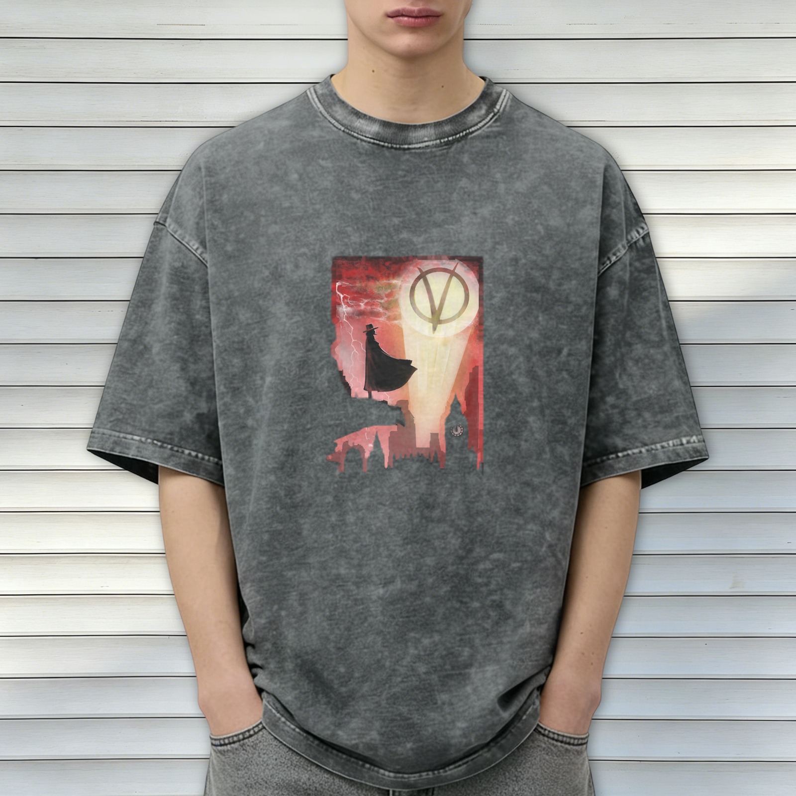 V for Vendetta themed graphic washed black short sleeve t-shirt