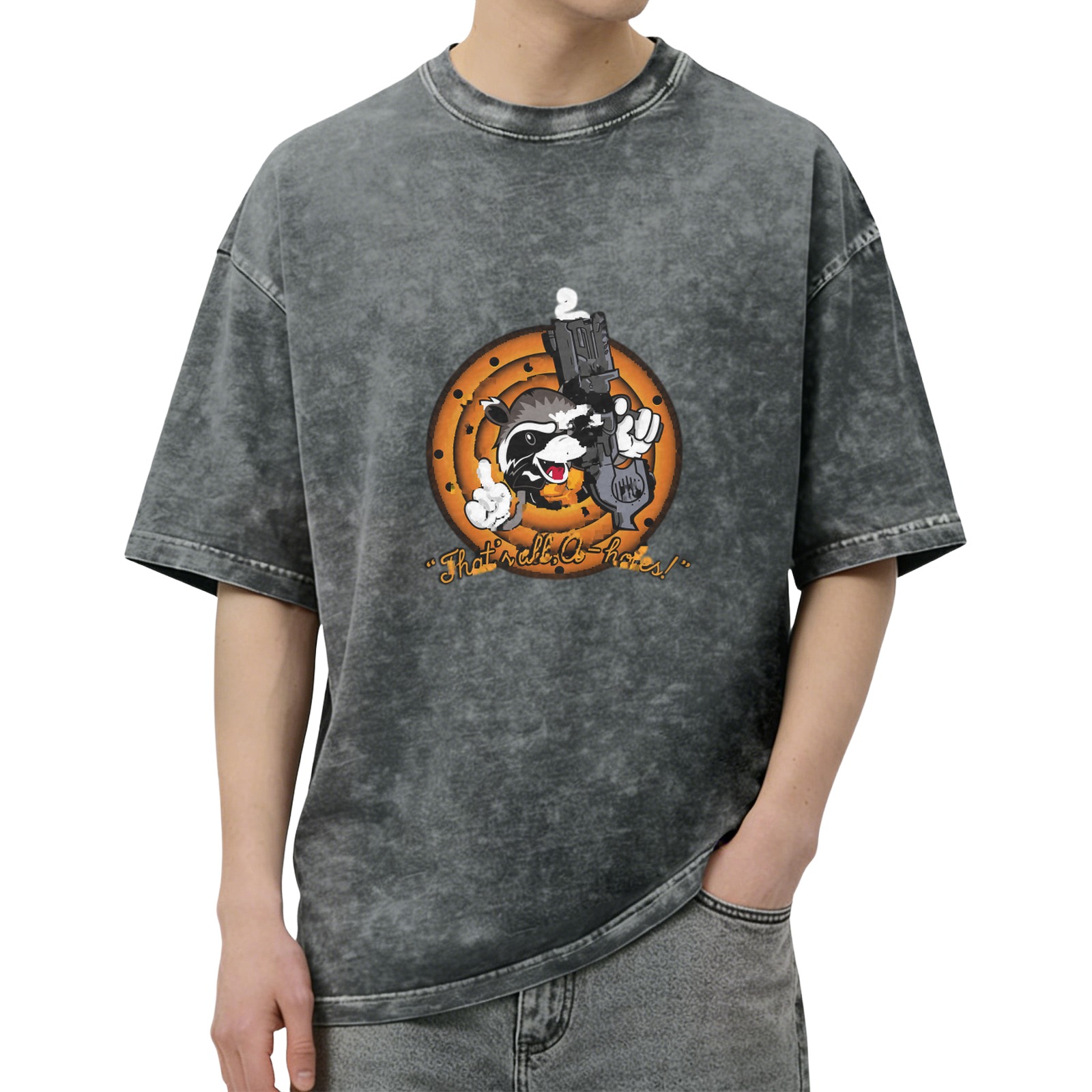 Washed Black Raccoon Gun Graphic T-Shirt With Funny Text
