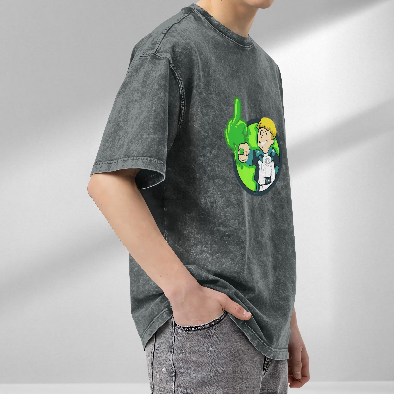 Oversized Acid Wash T-Shirt With Cartoon Character And Green Slime Graphic