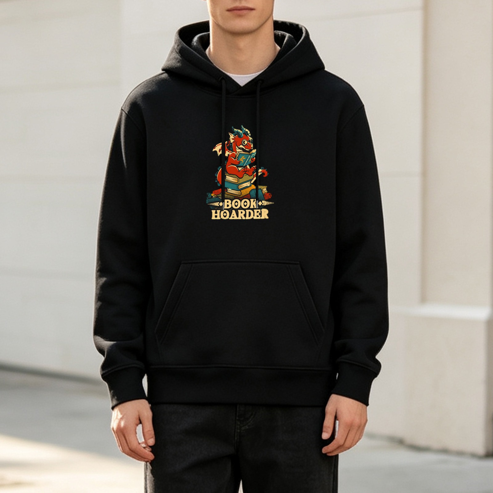 Black Hoodie With Cute Dragon Reading Book Hoarder Graphic