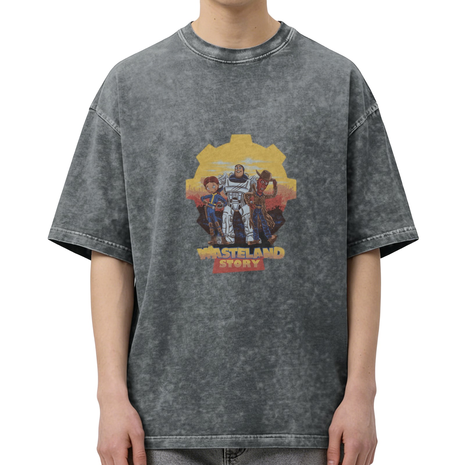 Wasteland Story theme distressed printed short-sleeved T-shirt, washed black loose style