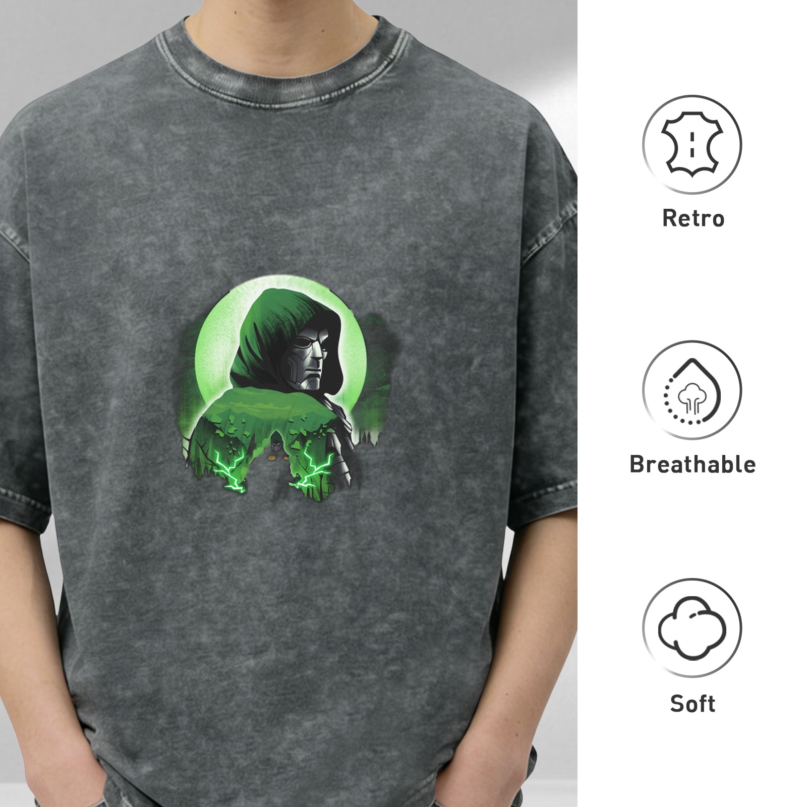 Oversized Acid Wash T-Shirt With Hooded Green Spectre Graphic