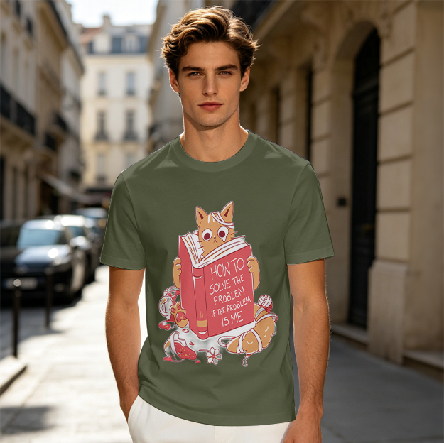 Olive T-Shirt With Ginger Cat Reading Self-Help Book Print
