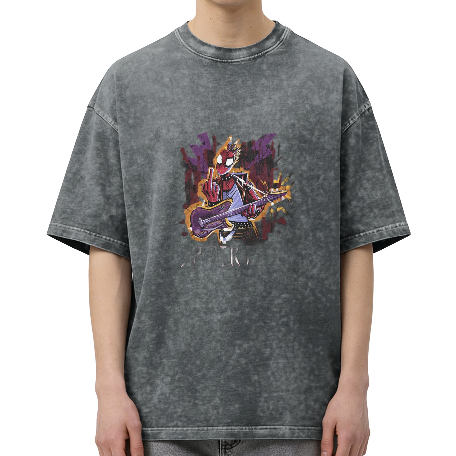 Distressed washed rock Spider-Man punk print short-sleeved T-shirt