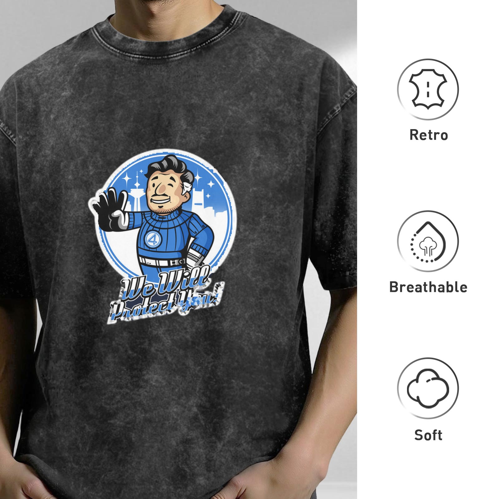 Washed Black T-Shirt with Retro Cartoon Character We Will Protect You Print