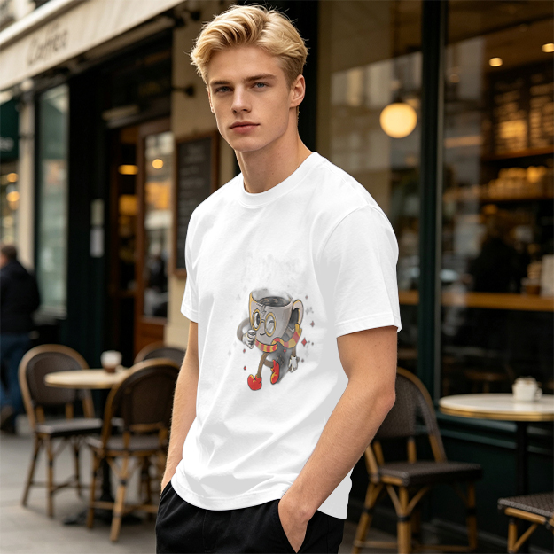 Olive T-Shirt With Wizard Coffee Cup Cartoon Print