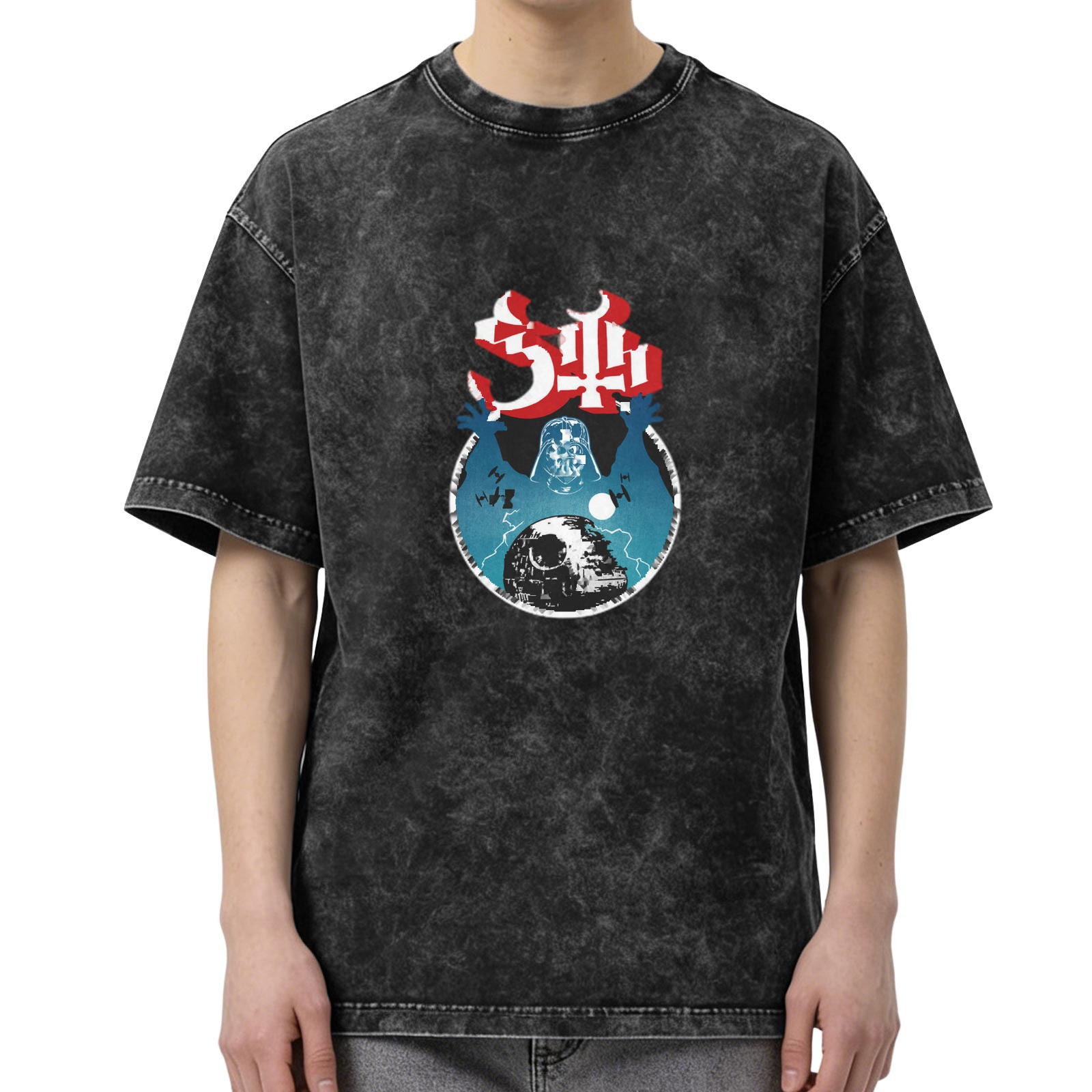 Oversized Acid Wash Graphic T-Shirt with Star Wars Darth Vader & Death Star Print