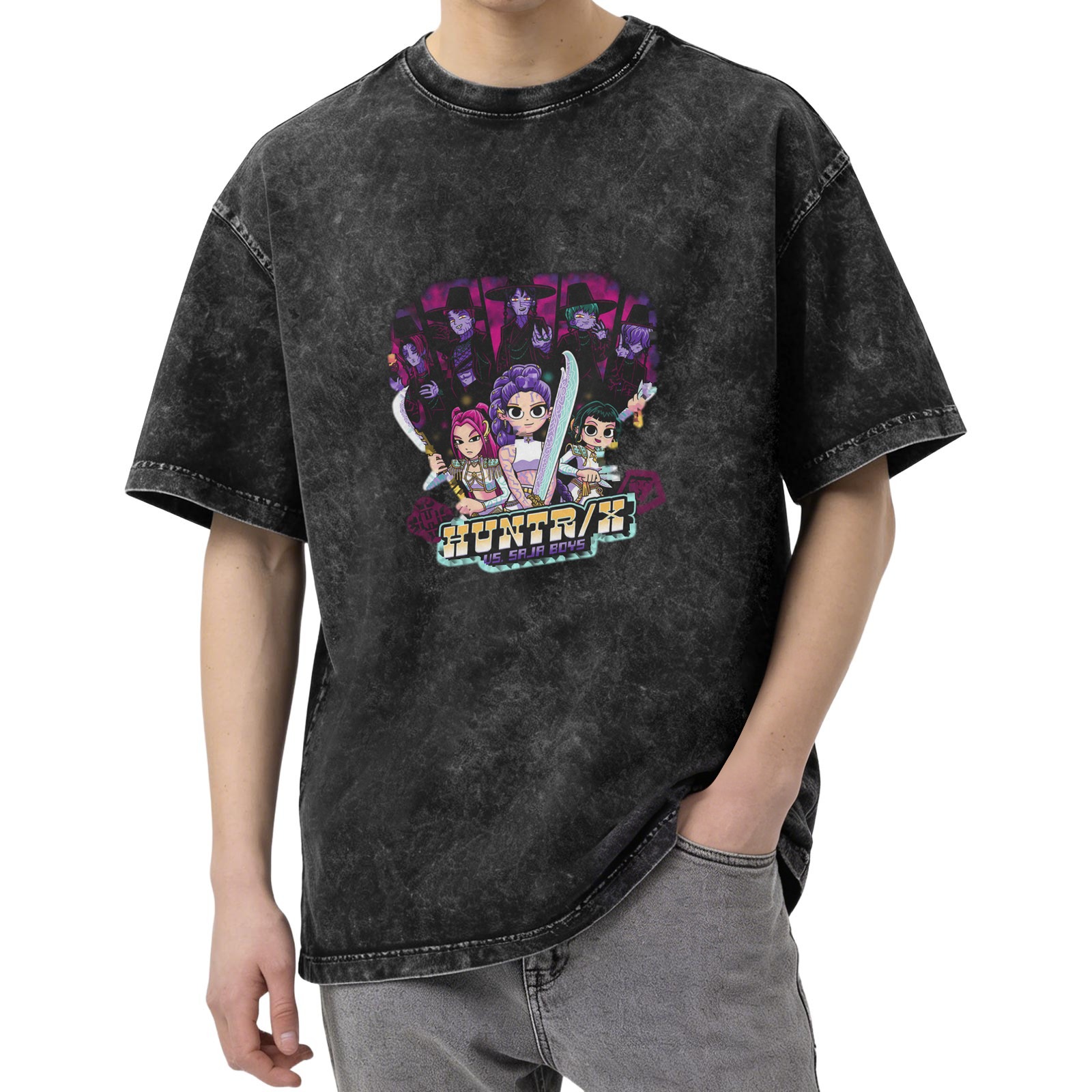 Distressed Black Cartoon Anime Print Short Sleeve T-Shirt