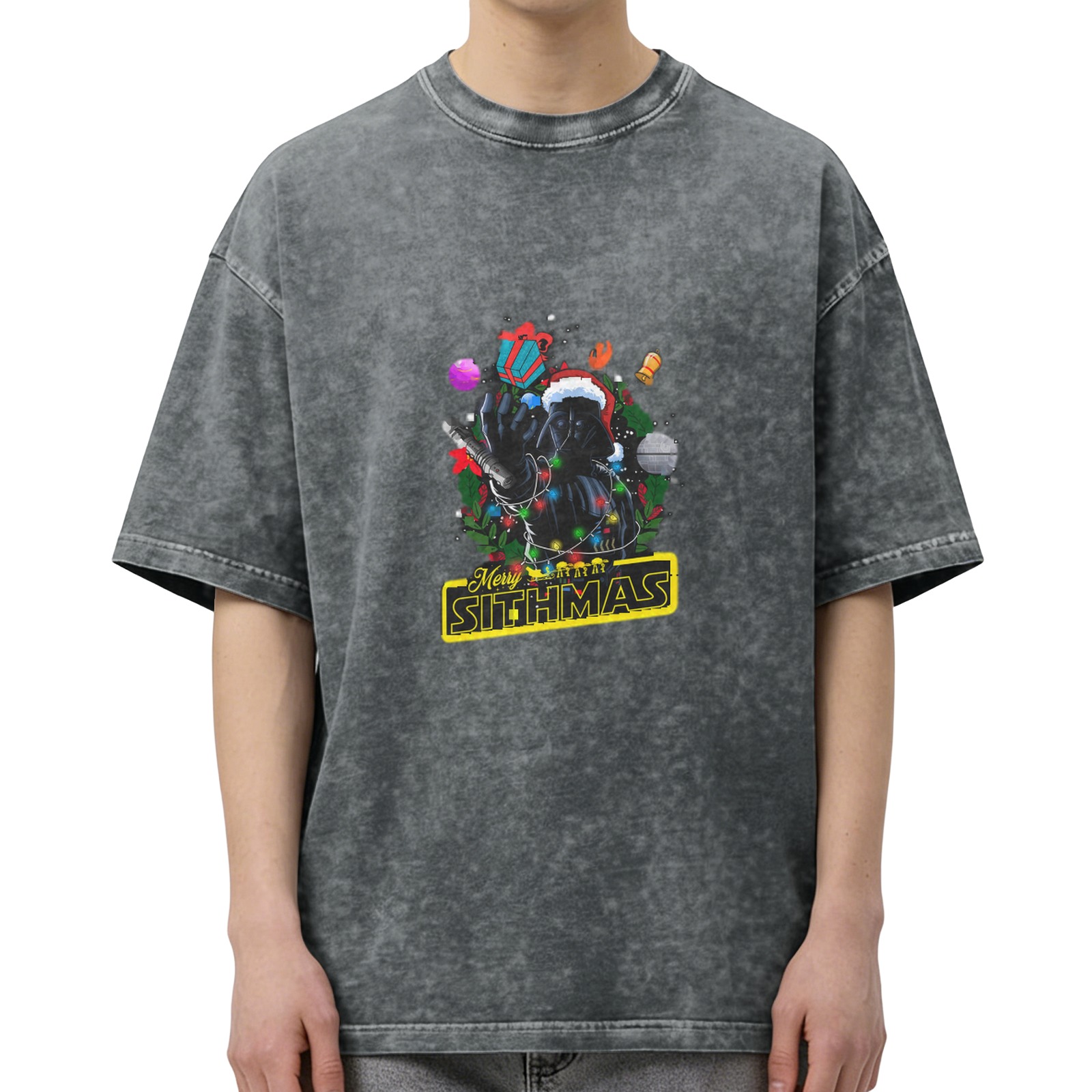 Merry Sithmas Darth Vader Christmas Graphic Acid Wash T-Shirt