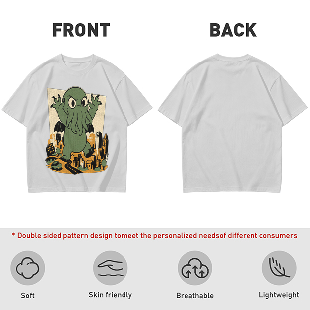Olive T-shirt with cartoon Cthulhu monster destroying cityscape print