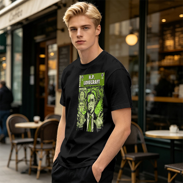 H.P. Lovecraft Comic Print Graphic Olive T-Shirt