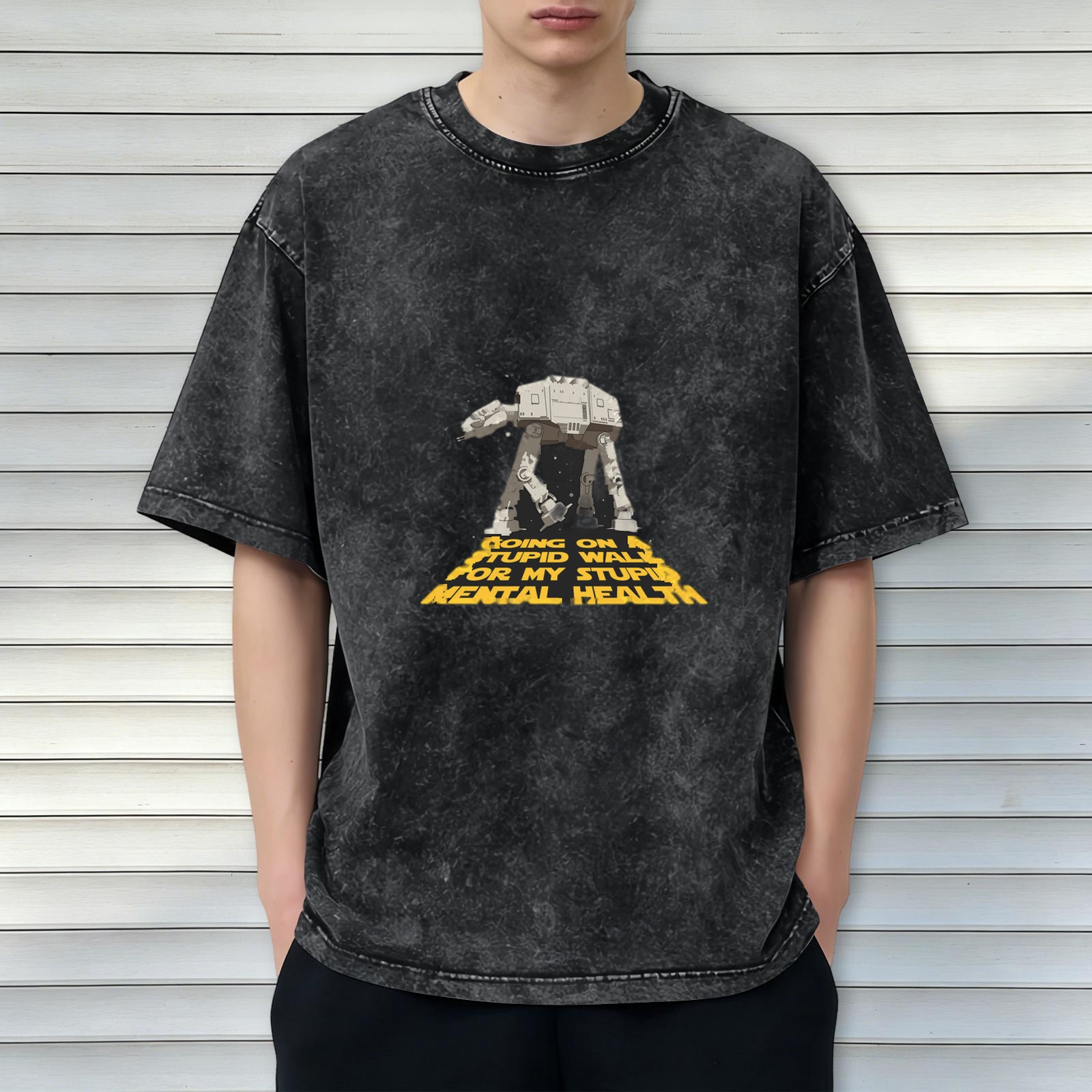 Old washed black Star Wars AT-AT walker fun text printed short-sleeved T-shirt