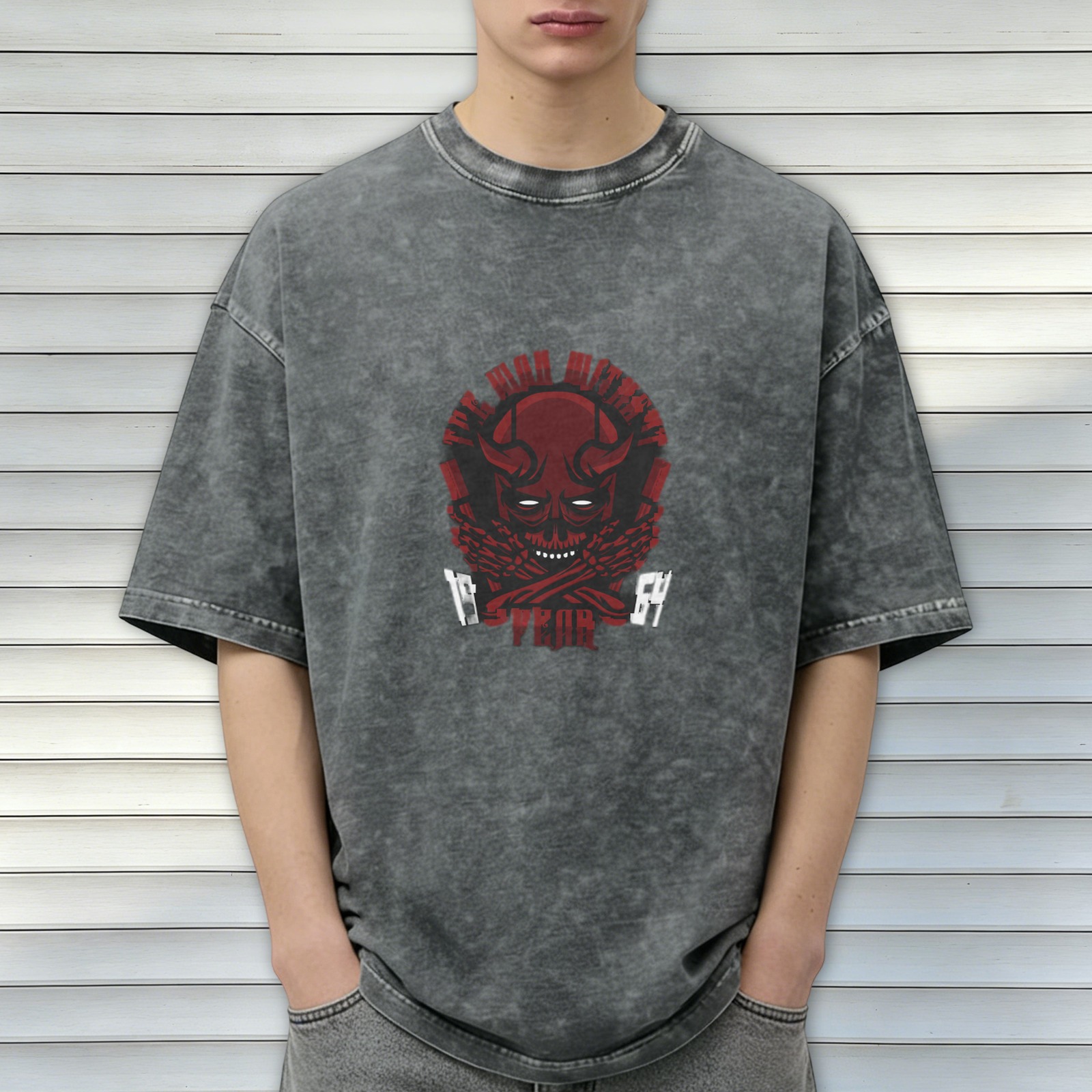 Oversized Acid Wash T-Shirt With Red Demon Skull Graphic