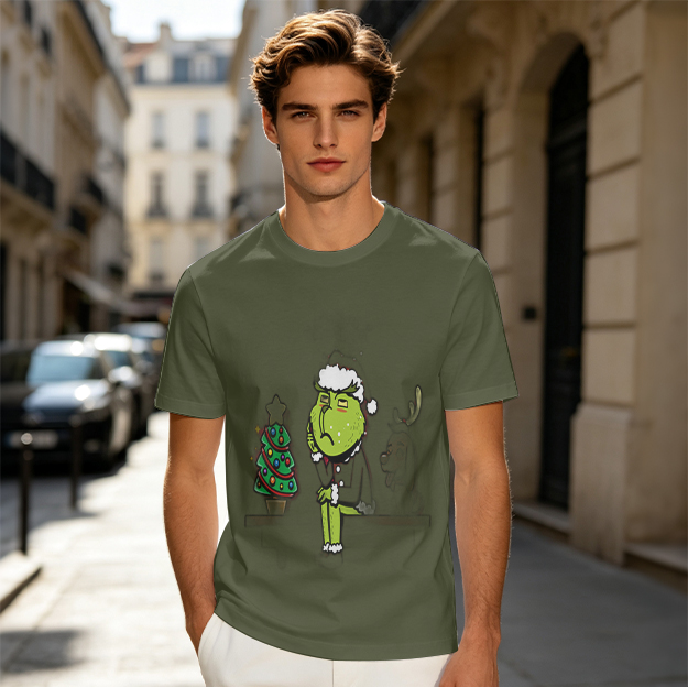 Olive Grinch Christmas T-Shirt with Festive Tree and Reindeer Print