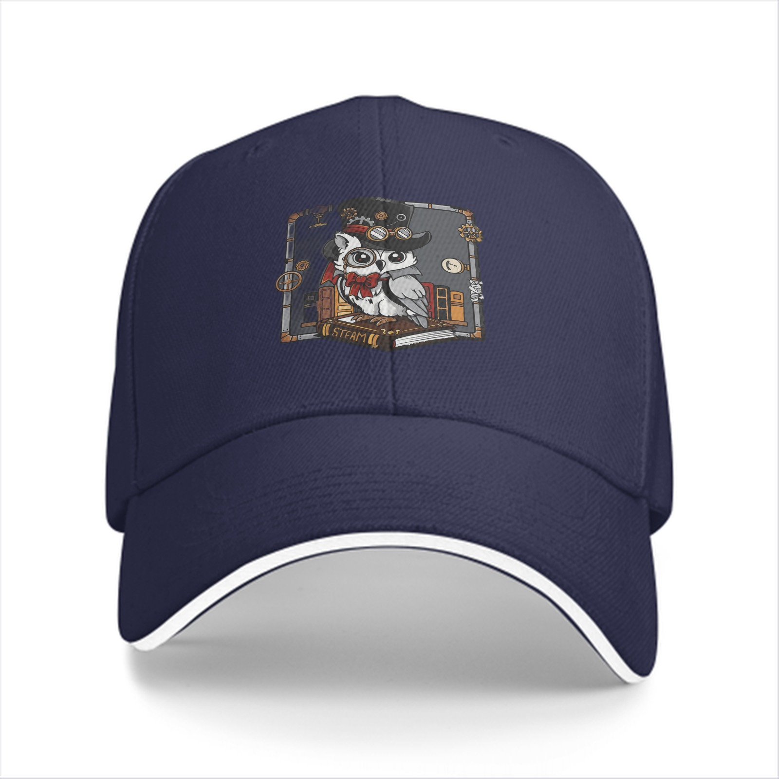 Black Baseball Cap With Steampunk Owl Graphic Design