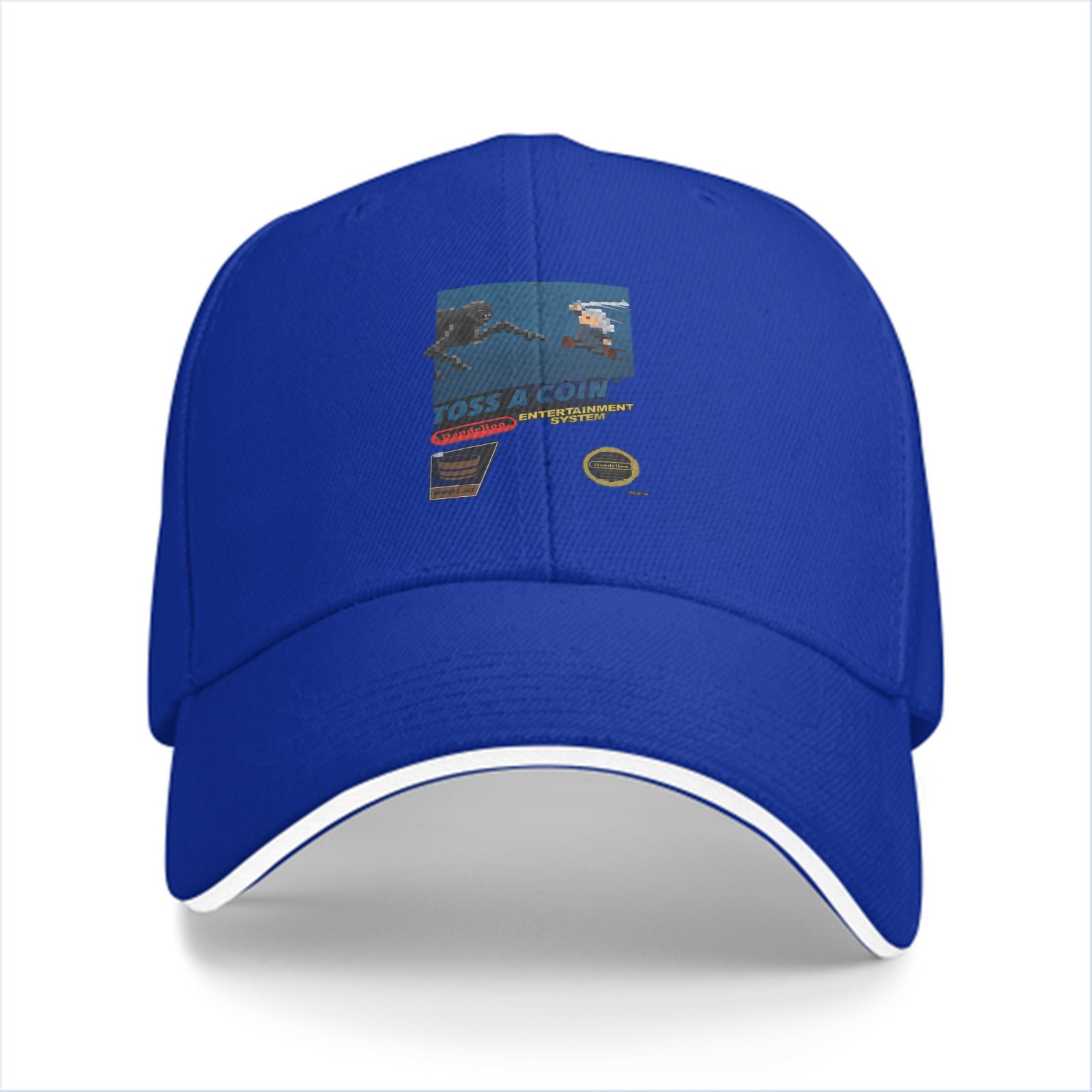 Black baseball cap with retro gaming themed graphic print