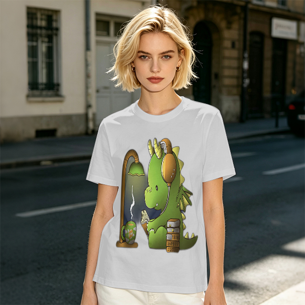 Olive T-Shirt with Cute Dragon Reading and Wearing Headphones