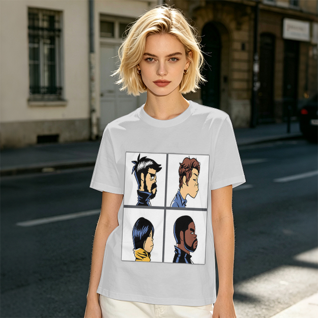 Olive T-Shirt With Four Cartoon Character Profile Portraits