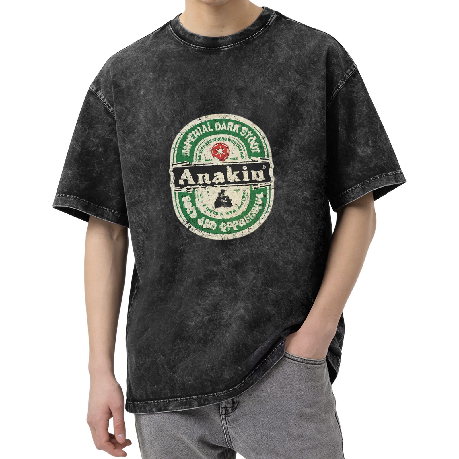Distressed washed black Anakin themed printed short-sleeved T-shirt