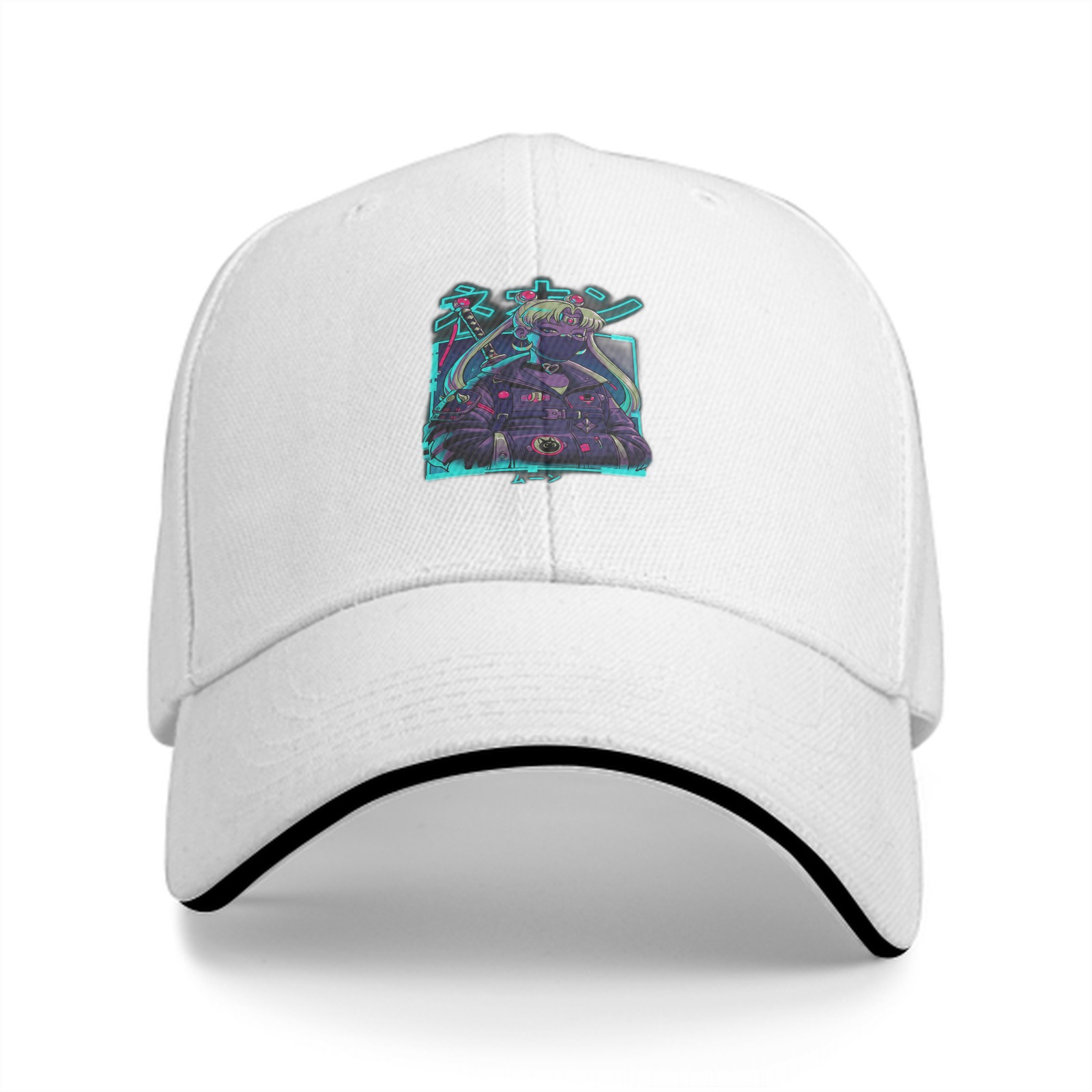 Black baseball cap with cyberpunk anime graphic print