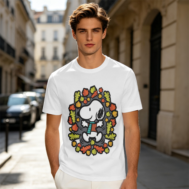 Olive green t-shirt with Snoopy playing in autumn leaves