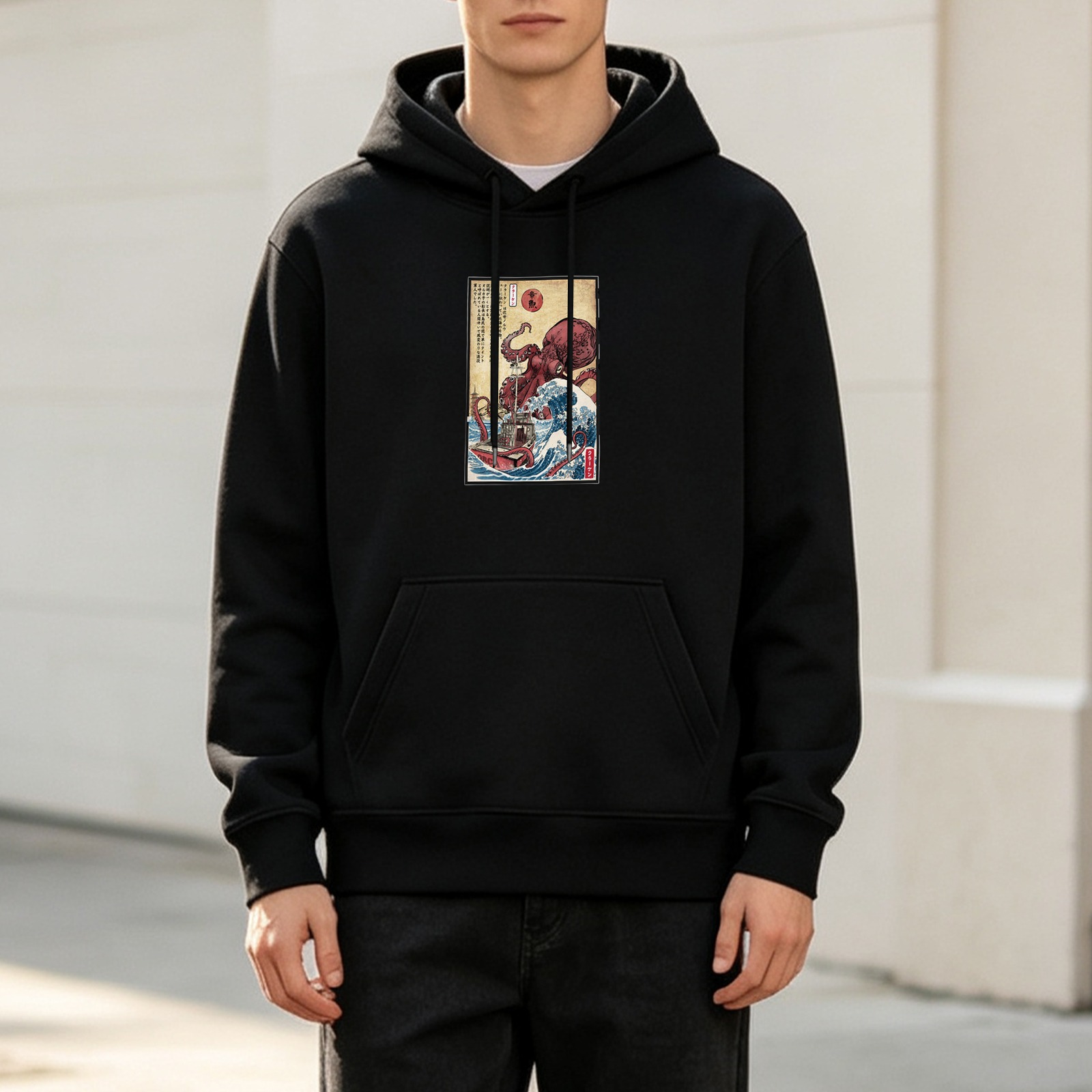Black hoodie with ukiyo-e style octopus and boat print