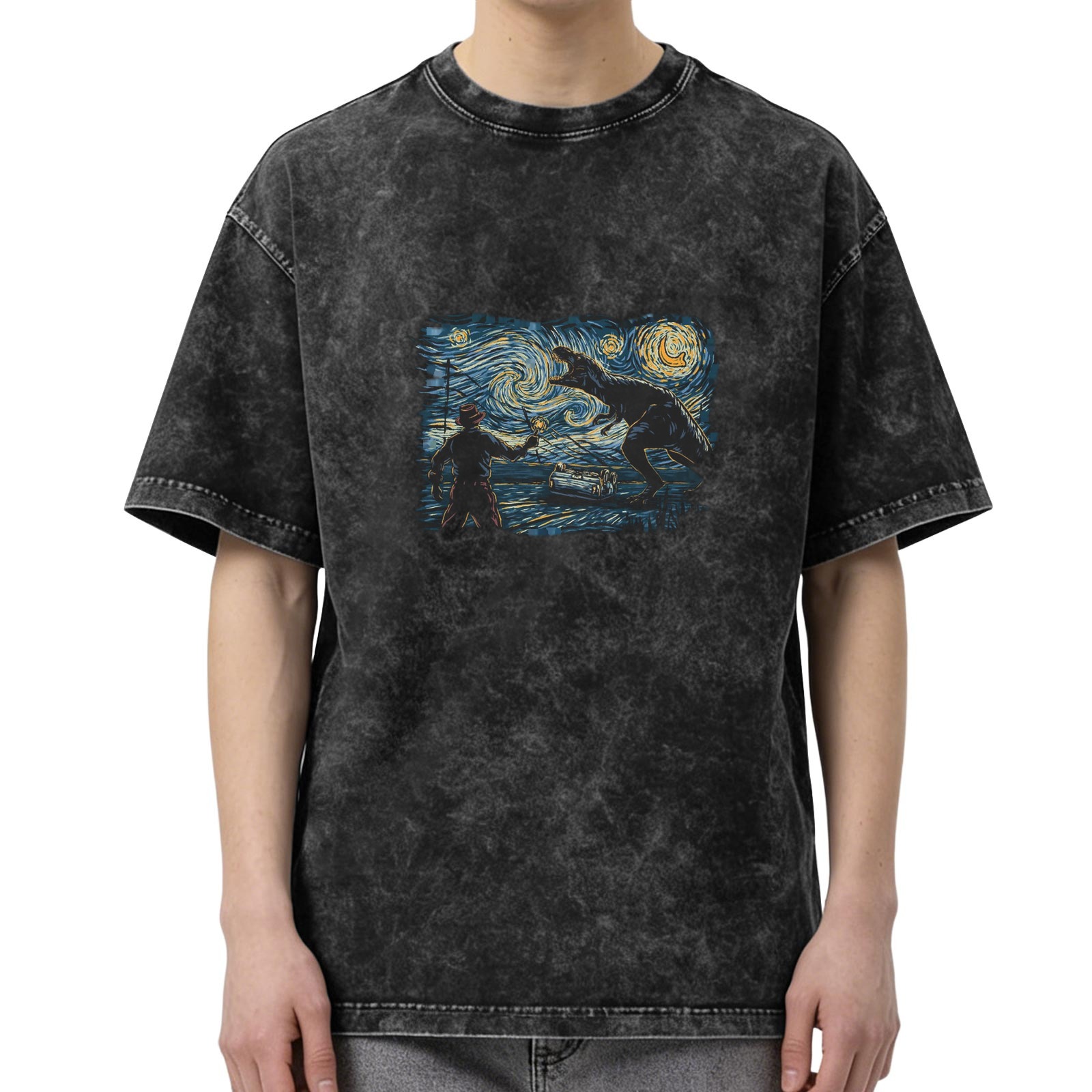Retro washed black round neck short-sleeved T-shirt Van Gogh Starry Night style Tyrannosaurus Rex adventure printed distressed top